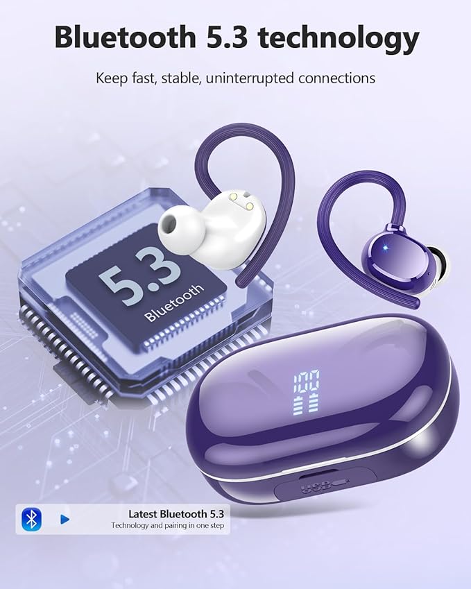 Wireless Bluetooth Earbuds Sport 128H Playtime Bluetooth 5.3 Headphones with LED Display Powerful Bass Over Ear Earphones with Earhooks IP7 Waterproof