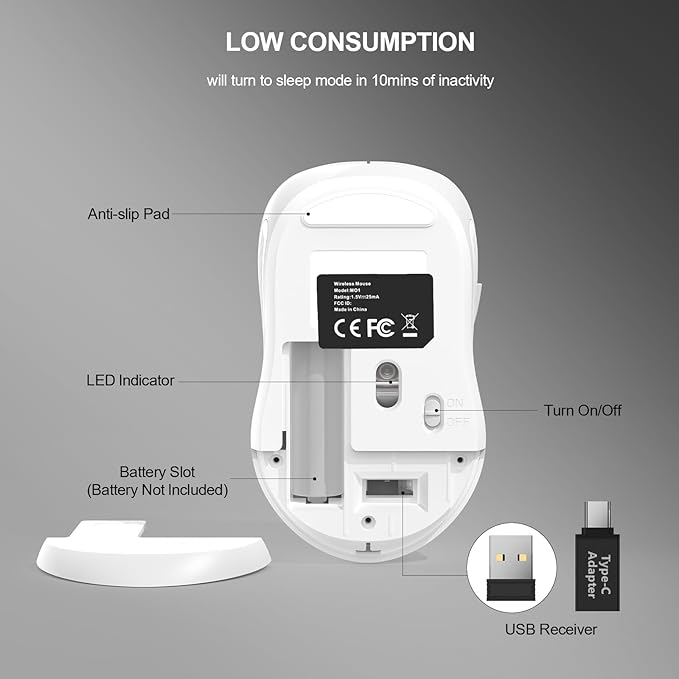 WisFox 2.4G Wireless Mouse for Laptop, Ergonomic Computer Mouse with USB Receiver and Type-C Adapter, 3 Adjustable Levels DPI, 6 Button Cordless Wireless Mice (Pure White)