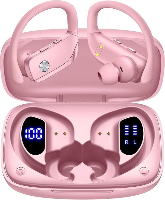 bmanl Wireless Earbuds Bluetooth Headphones Over Ear Hooks Ear Buds with 80H Playtime, LED Power Display, Dual Mic Clear Calls, Sports Wireless Ear Buds Bluetooth Earbuds for Running Gym Workout Pink