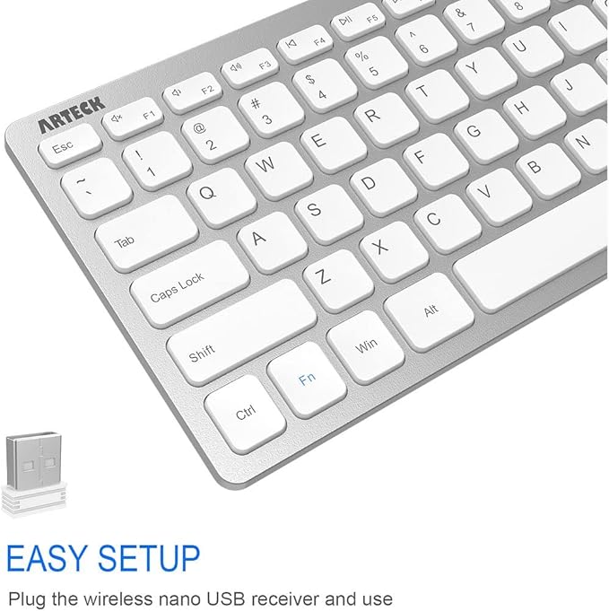 Arteck 2.4G Wireless Keyboard Ultra Slim and Compact Keyboard with Media Hotkeys for Computer Desktop PC Laptop Surface Smart TV and Windows 11/10/8/7, Silver