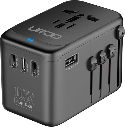 Universal Travel Adapter 100W GaN Fast Charger in One, 5 USB Ports & 2500W AC Outlet, International Power Adapter for Europe UK US 200+ Countries, Compatible for MacBook iPhone iPads Laptop Phone