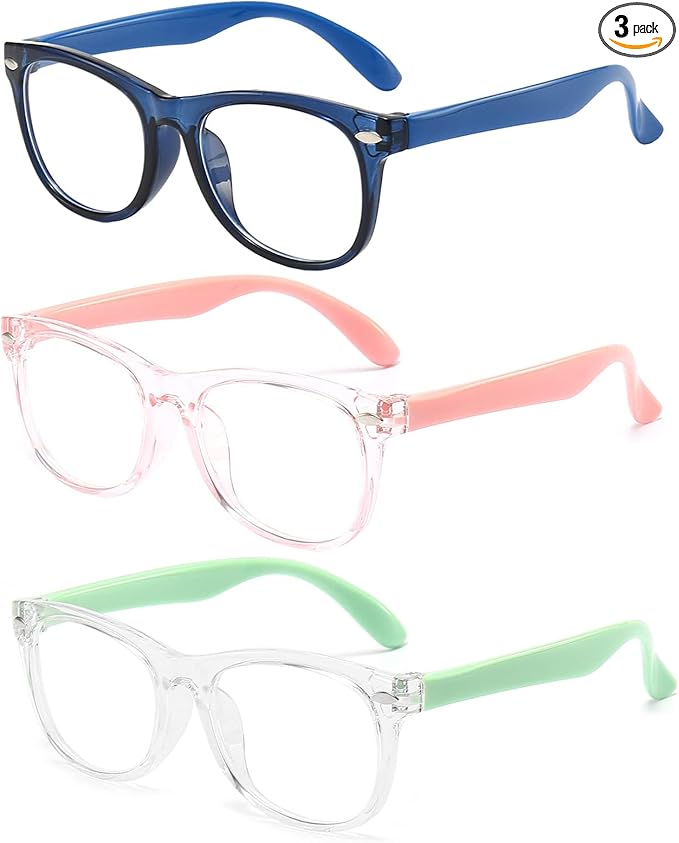 FANNYGO 3 Pack kids Blue Light Blocking Glasses For Girls And Boys Computer Blue Light Blocking Glasses For Age 3-9 (Dark blue + Light pink +Light green)