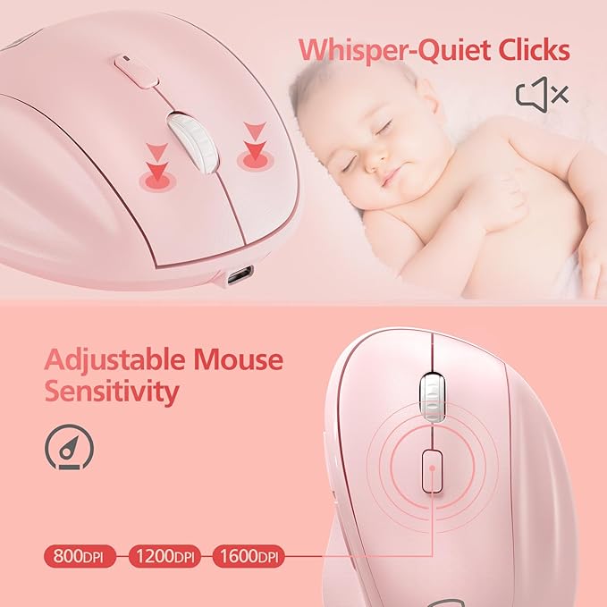 Micropack Wireless Bluetooth Mouse Ergonomic Vertical for Laptop MacBook PC Tablet Rechargeable Silent Click Multi-Device 3-Mode 2.4G Adjustable DPI Compatible with Windows Android iOS MacOS Pink