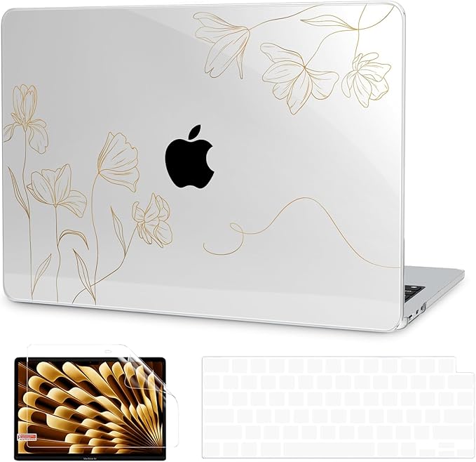 G JGOO Compatible with MacBook Air 13 inch Case 2026 2025-2022 M5 A3449 M4 A3240 M3 A3113 M2 A2681, Clear Hard Shell for MacBook Air 13.6 inch Case + Keyboard Cover + Screen Protector, Gold Floral