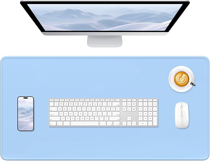 Hsurbtra Desk Pad, 32" x 16" Premium-Textured Desk Mat, Stitched Edge Anti-Slip Waterproof Rubber Mouse Pad, L Extended Computer Mat for Office Gaming Laptop Keyboard Sky Blue