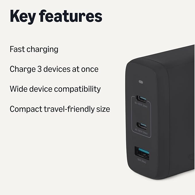 Amazon Basics Fast Charging USB C Nano GaN Wall Charger, 120W 3-Port for Laptops Tablets Phones, Black
