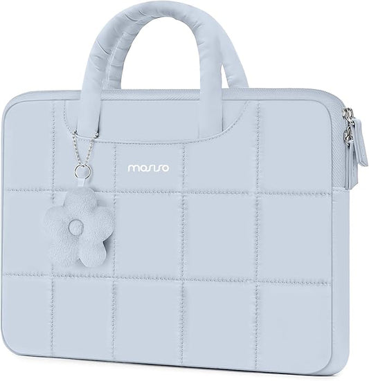 MOSISO Laptop Case 13.3 inch,13-13.3 inch Puffy Laptop Sleeve Compatible with MacBook Air 13 13.6/Pro/Neo 13/Pro 14,HP Dell ASUS Lenovo,Rectangle Quilted Bag with Handle&Flower Pendant, Baby Blue