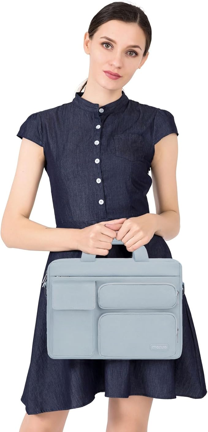 MOSISO Laptop Shoulder Bag 15.6 inch, 15-15.6 inch Computer Bag Compatible with MacBook Pro 16 inch, HP, Dell, Lenovo, Notebook with 2 Raised&1 Flapover&1 Horizontal Pocket&Handle&Belt, Baby Blue