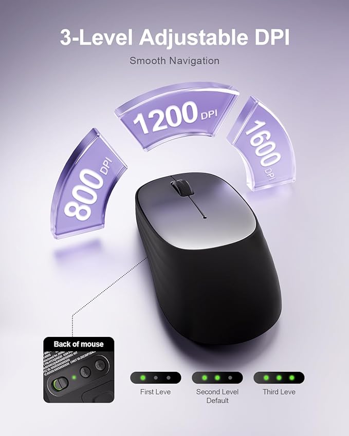 Wireless Mouse Bluetooth Mouse, 1600 DPI Optical Tracking, 3 Adjustable DPI, Compact and Portable Design for Small Hands PC, Mac, 12-Month Battery Life for Work or Travel