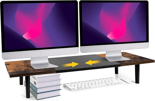 Across-Star Dual-Monitor-Stand-Riser-For-Desk Adjustable Length 32-40 Inch，Large Desktop Computer Monitor Riser For 2 Screens，Desk Shelf Organizer Riser Stand For Computer/Laptop/PC/Printer/TV Black