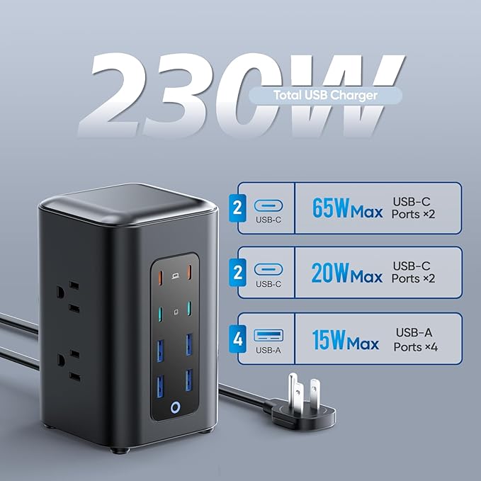 Power Strip Tower (230W), 14-in-1 USB-C Charging Station Tower with 2000J Surge Protection, 5FT Extension Cord with 6 AC Outlets & 8 USB Ports for Home Office Dorm Essentials