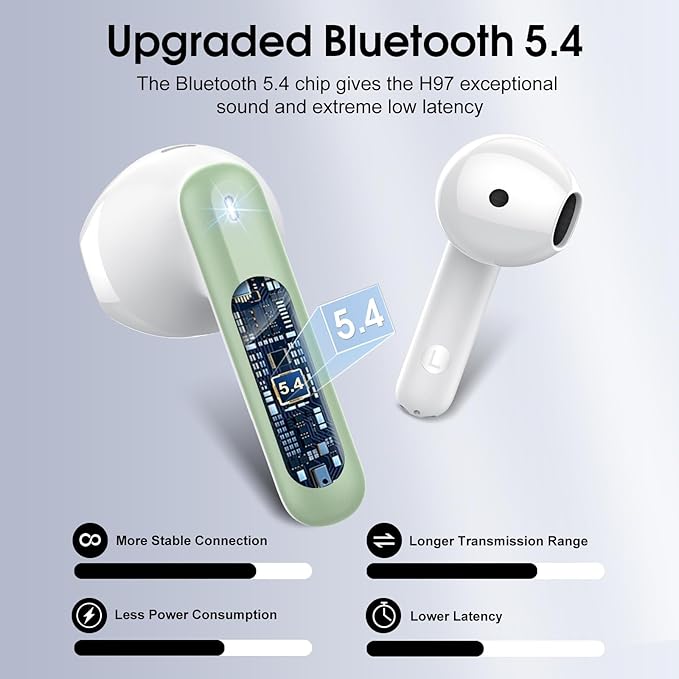 Wireless Earbuds, Bluetooth 5.4 Headphones with 3D Bass Stereo, 40H In-Ear Buds with 4 ENC Noise Cancelling Mic, Ultralight Bluetooth Earbuds USB-C LED, IP7 Waterproof Earphones for Android iOS, Green
