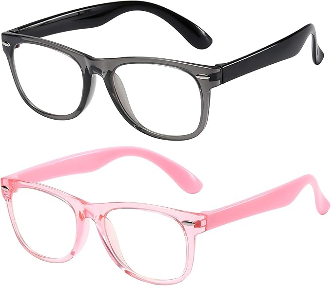 DYLB Kids Blue Light Blocking Glasses girls boys 2 pack, computer video gaming glasses for kids girls boys Age 3-9,Anti blue light & Headache (transparent black + transparent pink)