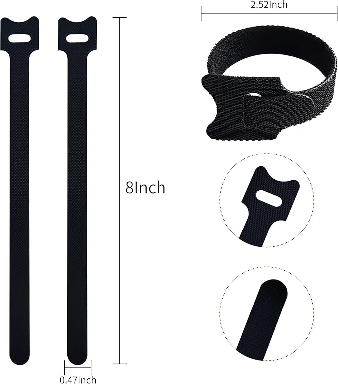 100 PCS 8 Inches Black Reusable Cable Ties, Adjustable Cord Straps, Cable Organizer, Cord Wrap and Hook Loop Cords Management - Image 2