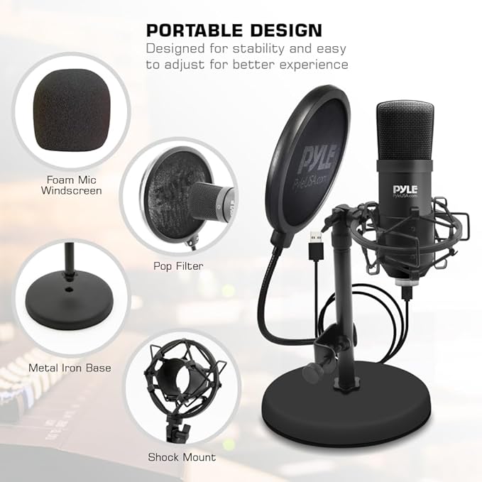 USB Microphone Podcast Recording Kit - Audio Cardioid Condenser Mic w/Desktop Stand and Pop Filter - for Gaming PS4, Streaming, Podcasting, Studio, YouTube, Works w/Windows Mac PC - Pyle PDMIKT120