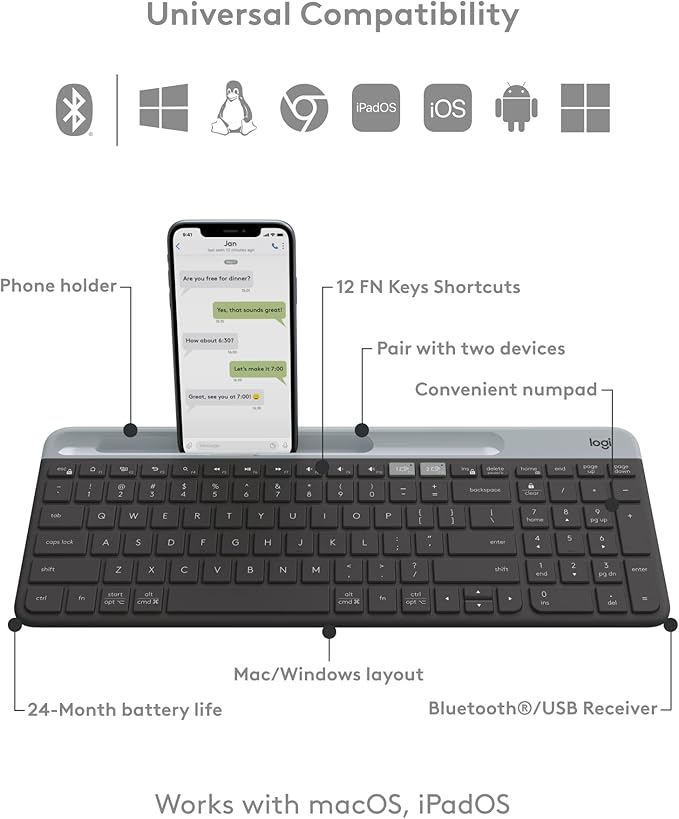 Logitech K585 Multi-Device Slim Wireless Keyboard, Built-in Cradle for Device; for Laptop, Tablet, Desktop, Smartphone, Win/Mac, Bluetooth/Receiver, Compact, Easy Switch, 24 Month Battery - Graphite