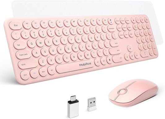 Cute Wireless Keyboard and Mouse Combo Slim 2.4GHz USB Cordless Full Size Silent Retro Keyboard and Mouse Set for PC Computer,Laptop,Windows,Mac,Tablets（Upgraded Peach）