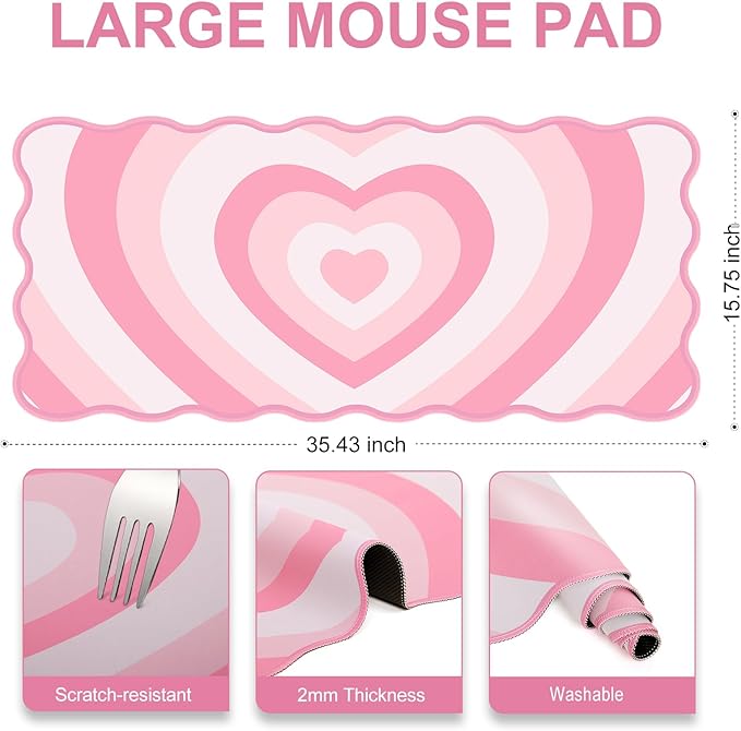 L-SPOUTTO Pink Mouse Pad,Cute Desk Mat XXL Large Scalloped Gaming Mousepad,35.4x15.7in Non-Slip Rubber Base Keyboard Pad Waterproof Desktop Mat for Laptop Computer Work Game Home Office-Pink Heart