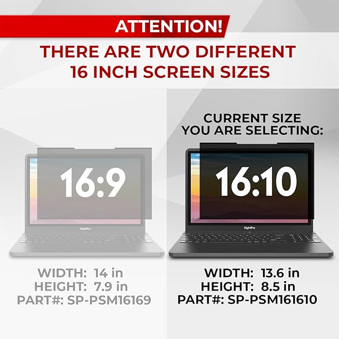 SightPro Magnetic Laptop Privacy Screen 16 Inch 16:10 - Patented Removable Laptop Privacy Filter Shield and Protector