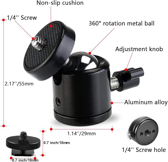 Universal 1/4" Swivel Mini Ball Head Screw Tripod Mount with Hot Shoe???2 Pack???, Eszkozta 360 Degree Rotating Mount Base Adapter for DSLR Cameras HTC Vive Tripods Monopods Camcorder Light Stand?€? - Image 2