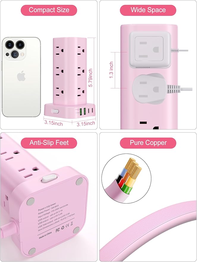 Power Strip Tower with Multiple Outlets, Flat Plug Surge Protector Tower Extension Cord with 12 AC Outlets 4 USB Ports (2 USB C), 6FT Cord Power Tower Surge Protector for Home Office Dorm Room, Pink