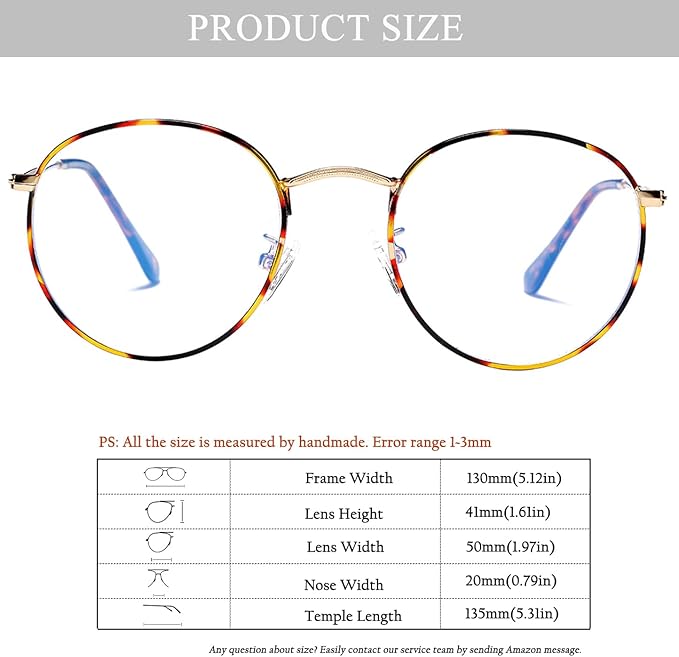 HJSTES Round Blue Light Glasses for Women Men Retro Circle Clear Lens Metal Frame Eyeglasses