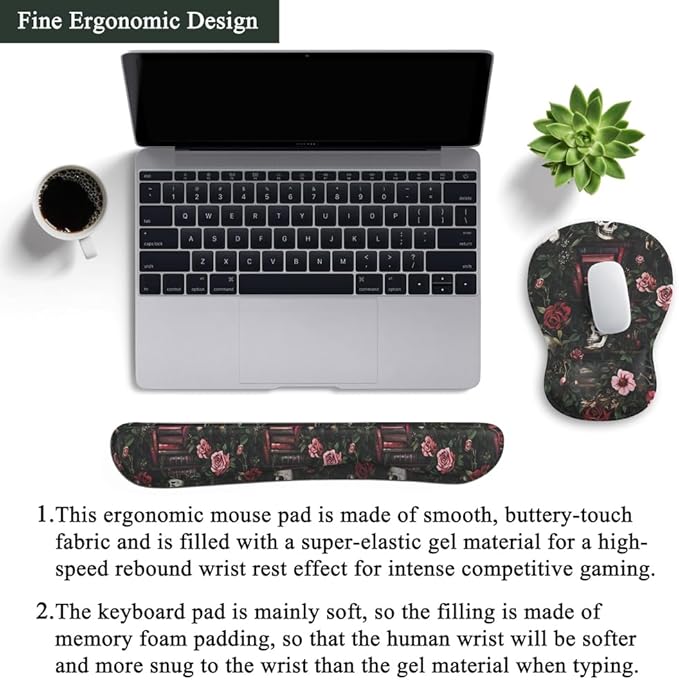 Gothic Skull Rose Ergonomic Mouse Pad with Wrist Rest & Keyboard Wrist Support Set - Non-Slip Gaming Office Desk Mat, Comfortable Memory Foam Cushion for Computer/Laptop Users, Home Office Workers