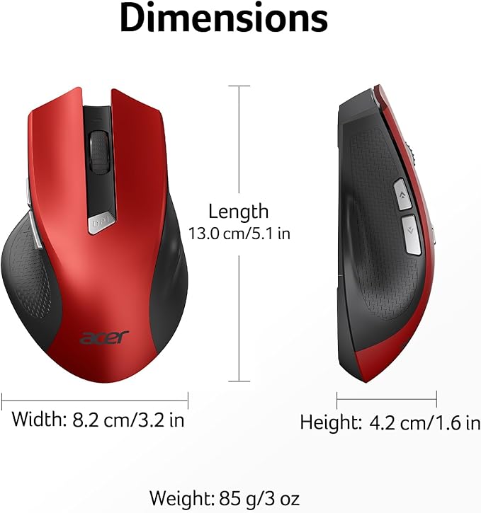 acer Wireless Mouse for Laptop, 2.4GHz Computer Mouse 3 Adjustable DPI Office Cordless USB Mice with USBA Receiver, 6 Buttons, 1600 DPI, Medium to Large Sized Hands (Red)