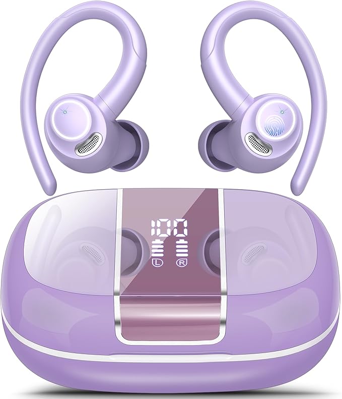 Wireless Earbuds Bluetooth 5.3 Headphones Sports, 48H Over Ear Buds with ENC Mic, Stereo Deep Bass Bluetooth Earbuds with Secure Earhooks, LED Display, IPX7 Waterproof Earphone for Running/Gym Purple