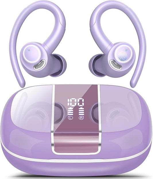 Wireless Earbuds Bluetooth 5.3 Headphones Sports, 48H Over Ear Buds with ENC Mic, Stereo Deep Bass Bluetooth Earbuds with Secure Earhooks, LED Display, IPX7 Waterproof Earphone for Running/Gym Purple