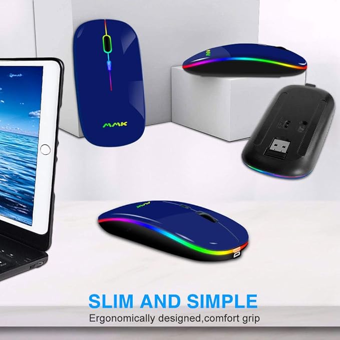 Wireless Bluetooth Mouse for Laptop, Rechargeable Mouse 2.4G USB Optical Wireless Mouse, LED Slim Dual Mode(Bluetooth 5.0 and 2.4G) Wireless for Laptop, PC, Mac OS, Android, Windows(Dark Blue)