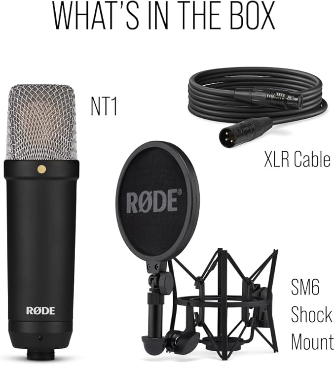 RØDE NT1 Signature Series Large-Diaphragm Condenser Microphone with Shock Mount, Pop Filter and XLR Cable for Music Production, Vocal Recording, Streaming and Podcasting (Black)