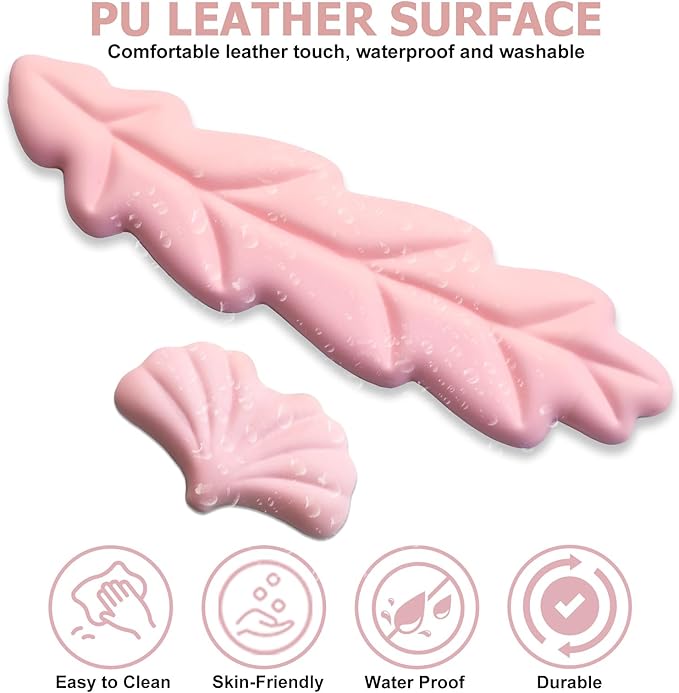 Ergonomic Keyboard Wrist Rest, Leaf Shape PU Leather Memory Foam Wrist Support for Computer Keyboard, Keyboard Pad and Cute Mouse Wrist Pad for Gaming,Office, Computer, Typing Pain Relief, Pastel Pink