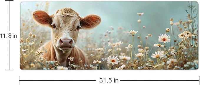 Flower and Little Cow XL Mouse Pad,Large Mouse Pad Gaming 31.5 x 11.8 in Mouse Mat Desk Pad,Extended Keyboard Mousepad Large Desk Mat with Non-Slip Rubber Base and Stitched Edge for Home Office