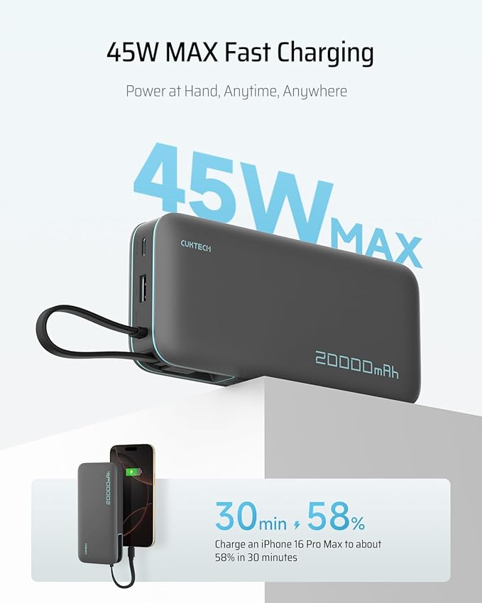 CUKTECH 65W USB C Charger+45W 20000mAh Power Bank Combo, One-Port Compact and Foldable Fast Charger Block, Fast Charging Battery Pack for iPhone 16/15, Samsung Galaxy, Google Pixel, and More