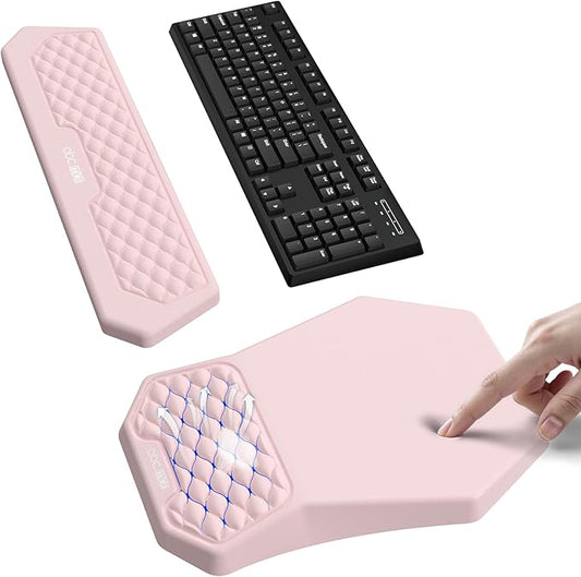 Ergonomic Mouse Pad and Keyboard Wrist Rest Support Set, Massage Design Mousepad for Carpal Tunnel Pain Relief, Memory Foam, Non-Slip PU Base for Computer Desk, Pink