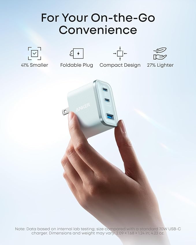 Anker Nano Charger, Ultra-Fast 70W Output 3-Port USB C Charger Block, Fast Charging, Compact and Stylish, for iPhone 17/16 Series, MacBook, iPad, Pixel, Galaxy, and More(Blue, Cable Included)