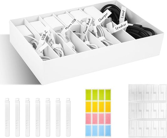 Cable Organizer Box with Wire Ties and Labels, Charger Cable Cord Storage Organizer with Adjustable Compartments, Desk Accessories Storage for Home, Office, Stackable（1Pcs）