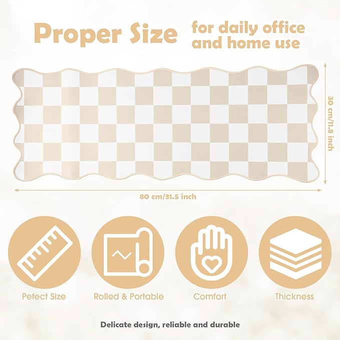 1 Pcs Beige Scalloped Checkered Desk Mat 31.5 x 11.8 Inch Large Cute Mouse Pad Computer Mat Non Slip Waterproof Rubber Base with Border Stitching Soft Keyboard Pad for Home Office Gaming Makeup