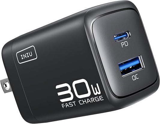 INIU USB C Charger, 30W PD QC 3.0 Dual Port Type C Fast Charging Compact Charger Block with Foldable Plug for iPhone 17 16 15 Pro Max Samsung S24 S23 Note 20 iPad Pro Google AirPods etc