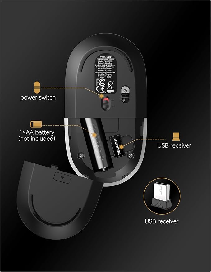 TECKNET Computer Mouse, 2.4Ghz Silent USB-A Wireless Mouse, 4800 DPI Ambidextrous Quiet Click for Travel, Slim Portable Wireless Mice Compatible with PC Laptop