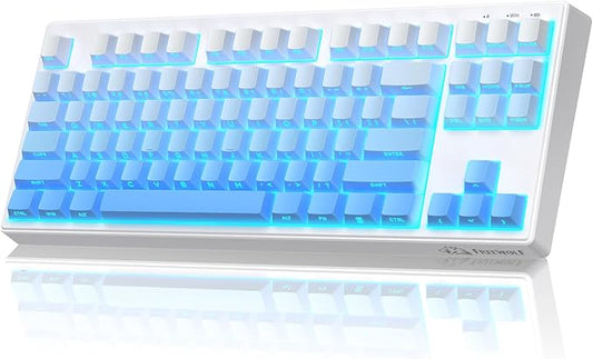 M87V2 87 Keys Membrane Gaming Wireless Keyboard,80% TKL Layout Side Printed Keys Retro Cute Creamy,RGB Backlit 4000mAh 2.4G/BT/Wired Computer Silent Keyboard for MAC PC- Gradient Blue
