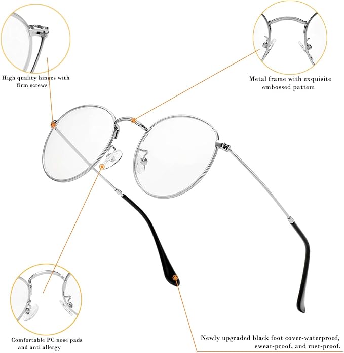 HJSTES Round Blue Light Glasses for Women Men Retro Circle Clear Lens Metal Frame Eyeglasses
