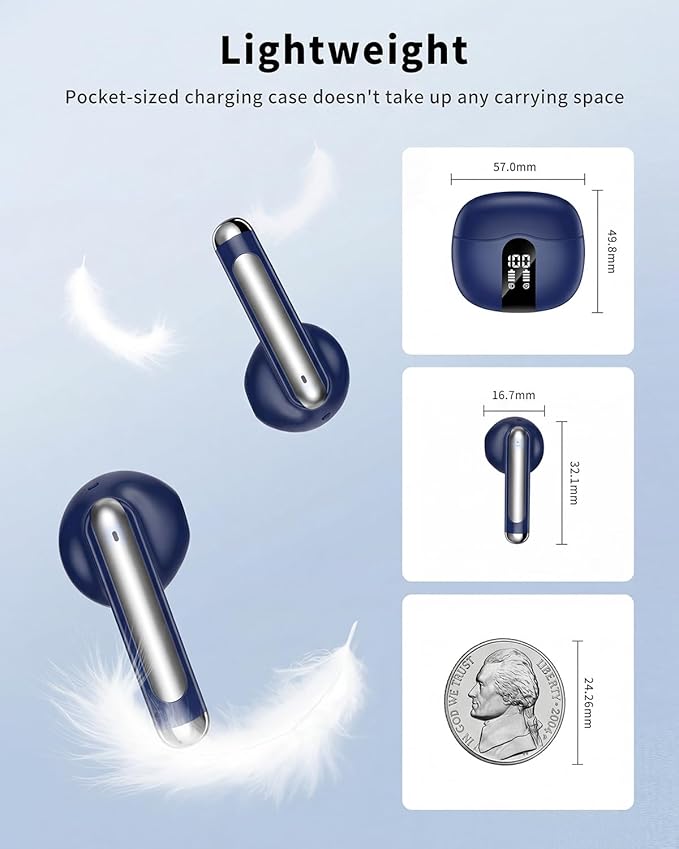Wireless Earbuds, Bluetooth 5.4 Headphones HiFi Stereo, Ear Buds with 50H Playback, LED Display Wireless Earphones Clear Calls, IP7 Waterproof, Bluetooth Earbuds for Laptop/Phones/Sports, Navy Blue
