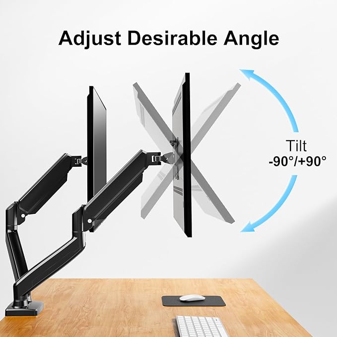 Dual Monitor Mount Fits 13 to 32 Inch Computer Screen, Dual Monitor Arm Hold 4.4-19.8lbs Each, Full Motion Monitor Desk Mounts for 2 Monitors, Gas Spring Monitor Stand, VESA Mount