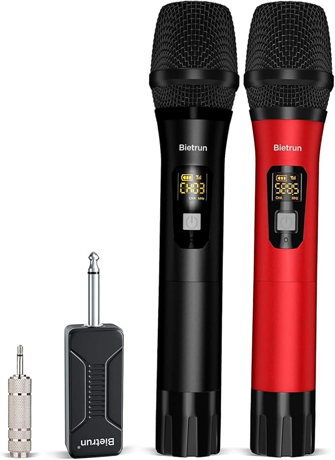 Bietrun Wireless Microphone Dynamic Mic System with Rechargeable Receiver, 1/4" Output, for Karaoke, Church, Speech, Wedding, Party Singing(160 ft Range)-Auto Connect