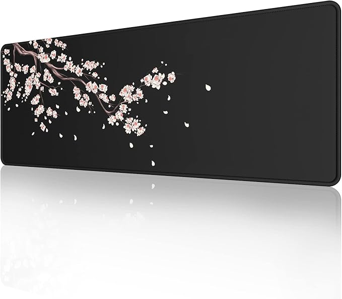 ETZ Japanese Plum Blossoms Black Mouse Pad (31.5 × 11.8 × 0.12 inch) Extended Large Mouse Mat Desk Pad, Stitched Edges Mousepad,Non-Slip Rubber Base,Gaming Mouse Pad XL.