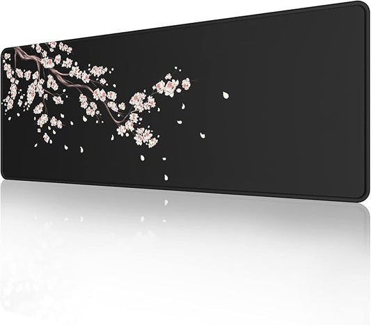ETZ Japanese Plum Blossoms Black Mouse Pad (31.5 × 11.8 × 0.12 inch) Extended Large Mouse Mat Desk Pad, Stitched Edges Mousepad,Non-Slip Rubber Base,Gaming Mouse Pad XL.