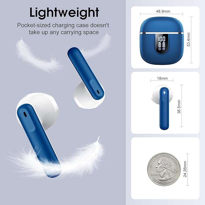 Wireless Earbuds, Bluetooth 5.4 Headphones with 3D Bass Stereo, 40H In-Ear Buds with 4 ENC Noise Cancelling Mic, Ultralight Bluetooth Earbuds USB-C LED, IP7 Waterproof Earphones for Android iOS, Blue
