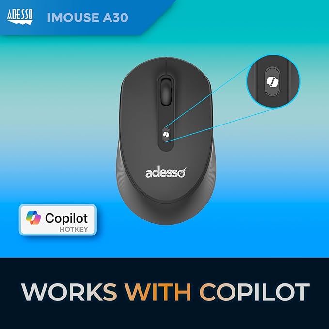 Adesso iMouse A30 Wireless Mouse with AI Copilot Button 2.4GHz USB Dongle 1200 DPI Left and Right Hand Design (Black)